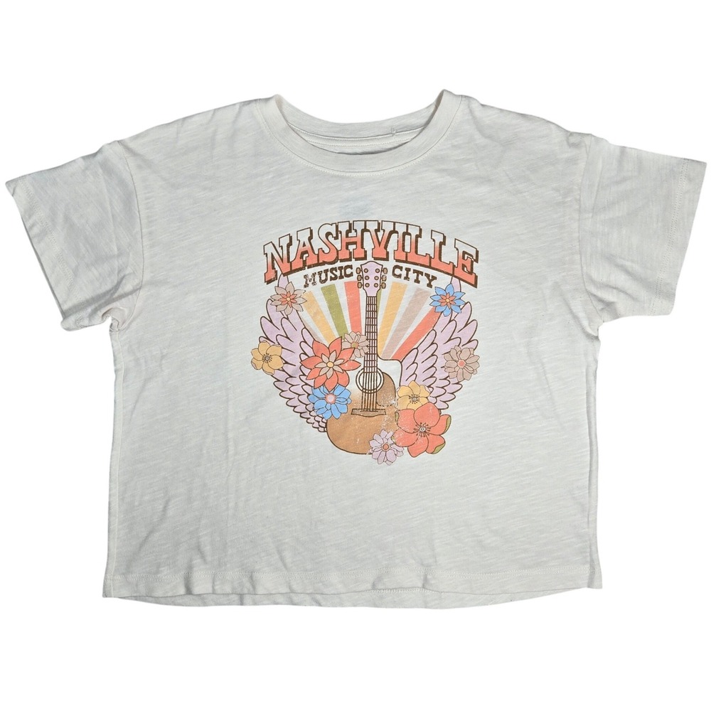 Nashville Music City Graphic Tee White Floral Guitar Shirt‎ Large